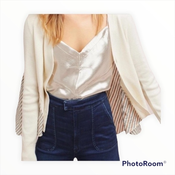 ANTHROPOLOGIE MOTH Cream Ivory Striped Back Mixed Media Swing Cardigan Sweater S - Picture 3 of 10